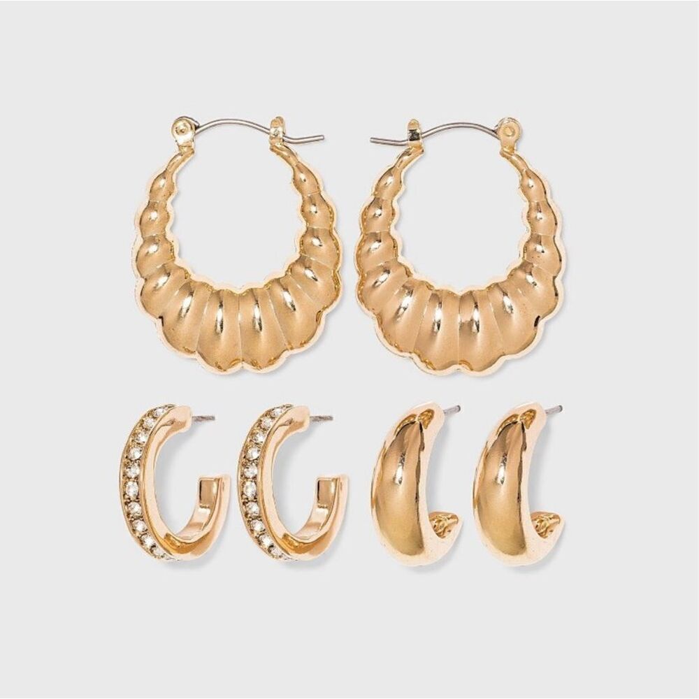 A New Day Gold Hoop Earring Trio Set 3pc Multi Texture Nickel Free, New